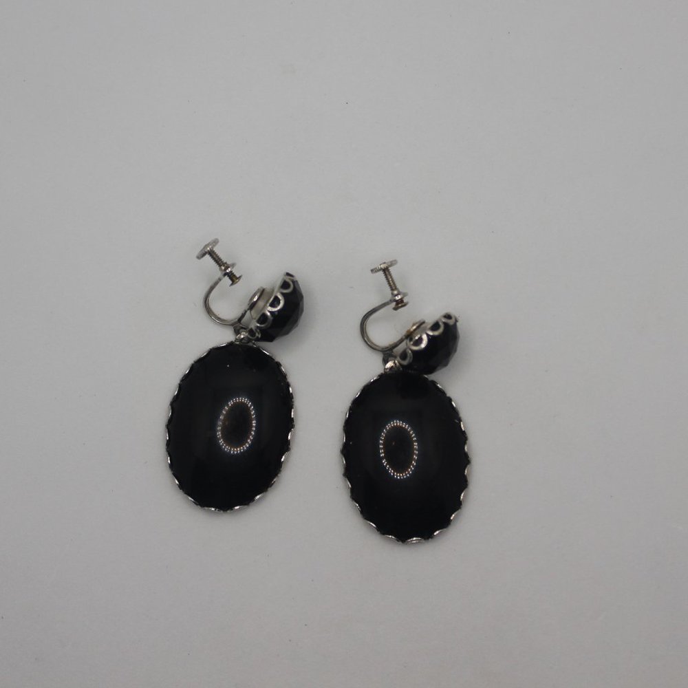 Vintage Black Drop Earrings Screw Backs